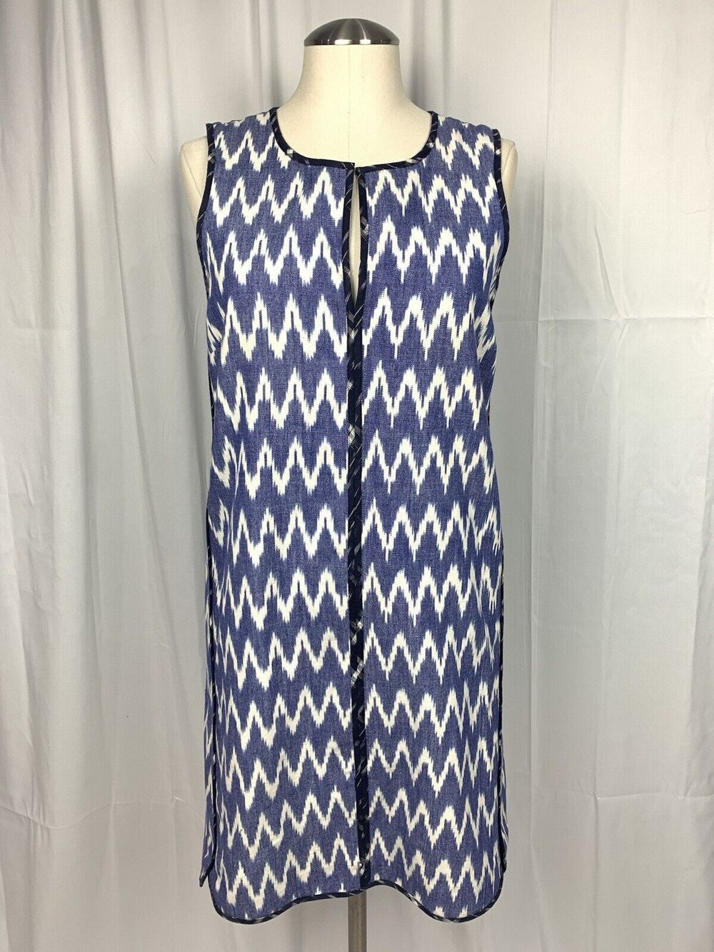 J Crew Women’s Dress Blue Ikat Shift Cotton Lined V Neck Sleeveless 4